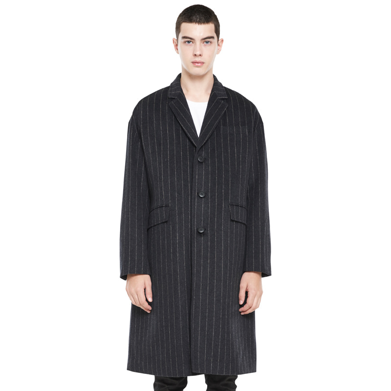 Over Fit Stripe Coat - Charcoal