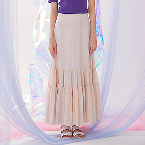 Bohemian Shirring Long Skirt - Beige