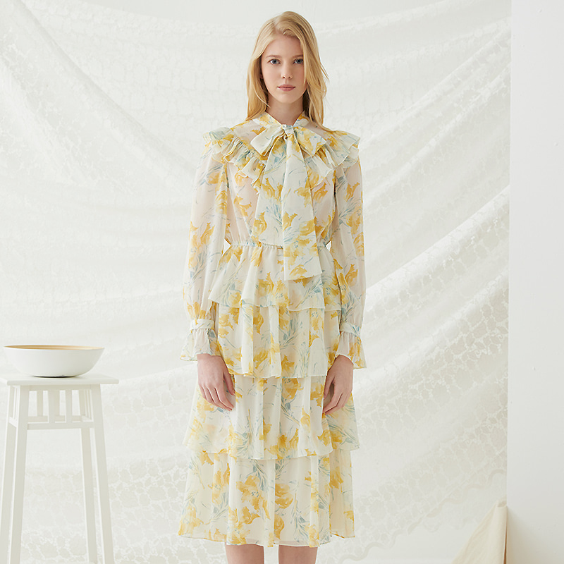 Floral Scarf Tie Dress - Yellow