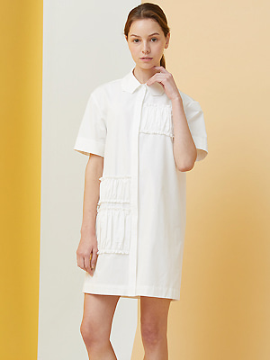 Polygon Collar Shirring Dress - White